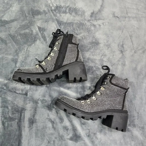 ShoeDazzle Rhinestone Combat Boots Women 8.5 Black Chunky Heel Party Ready - Picture 10 of 11